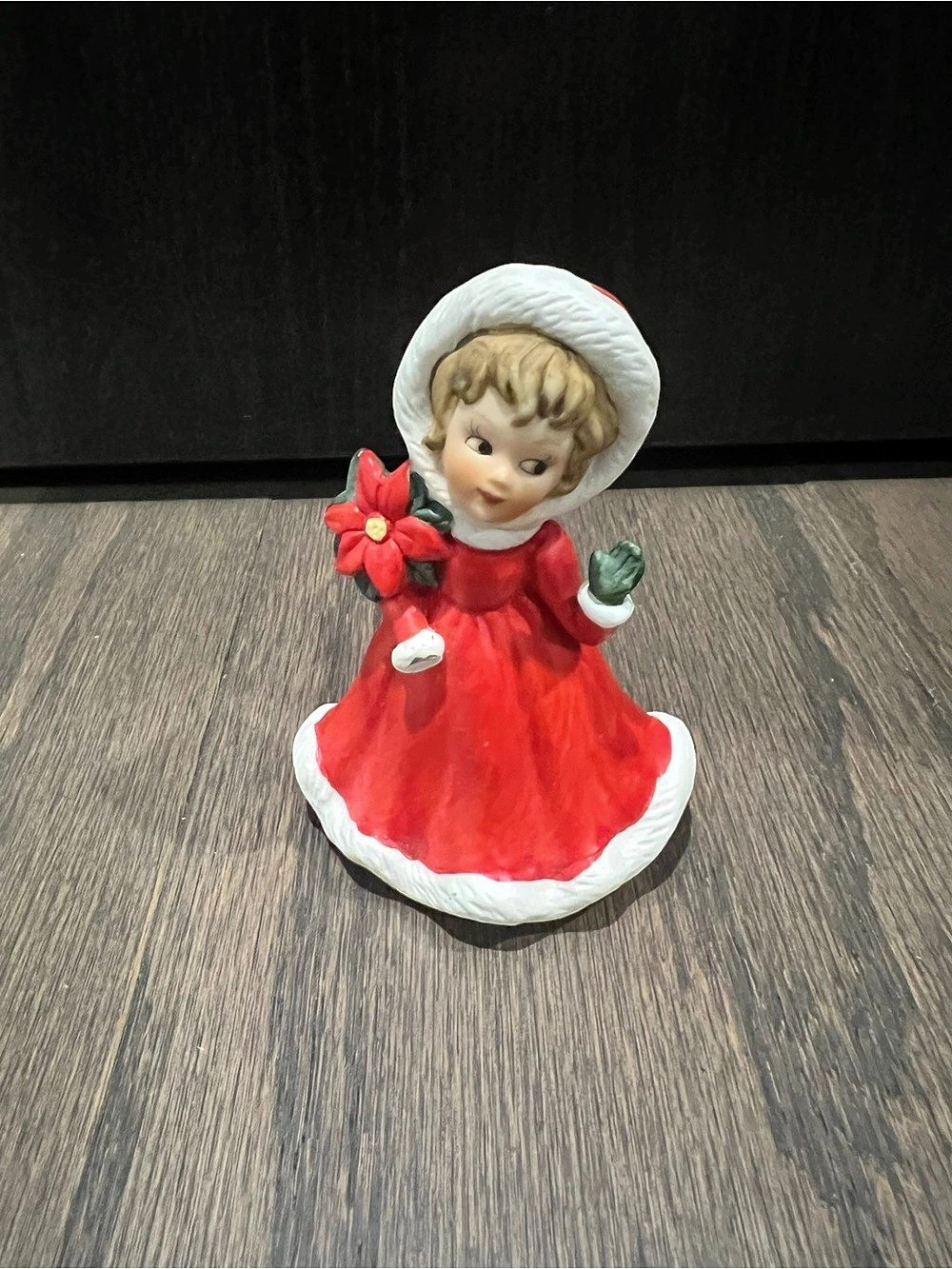 Vintage Christmas Girl Figurine Red Santa Suit Poinsettia Bisque Porcelain